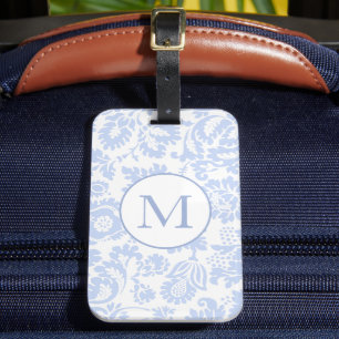 Elegant Monogram Blue Floral Botanical Luggage Tag