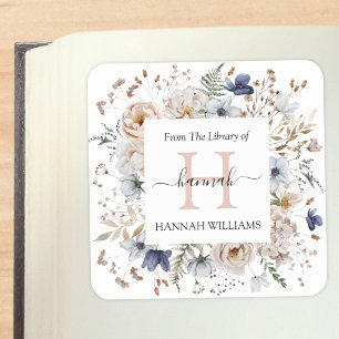 Elegant Monogram Blue Flower Bookplate Sticker