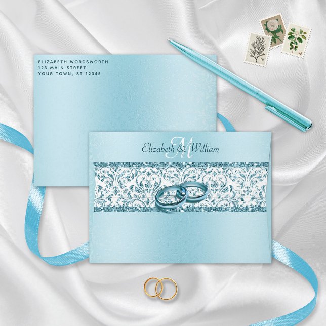Elegant Monogram Blue Glitter Damask Wedding Envelope (Creator Uploaded)