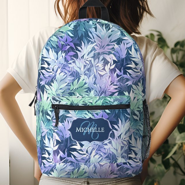Elegant Monogram Blue Green Leaves Printed Backpack (Creator Uploaded)