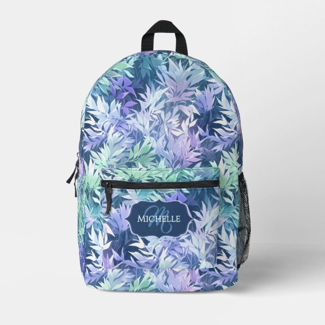 Elegant Monogram Blue Green Leaves Printed Backpack (Front)