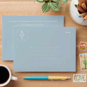 Elegant Monogram Blue Grey Wedding Envelope