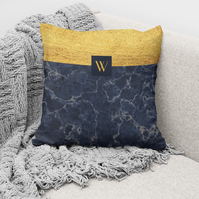 Elegant Monogram Blue Marble Cushion (Creator Uploaded)