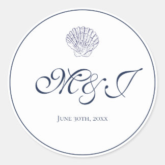 Elegant Monogram Blue Shell Wedding Classic Round Sticker