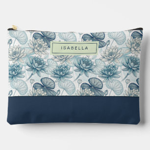 Elegant Monogram Blue Water Lily and Lotus Accessory Pouch