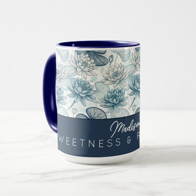 Elegant Monogram Blue Water Lily and Lotus Mug (Front Left)