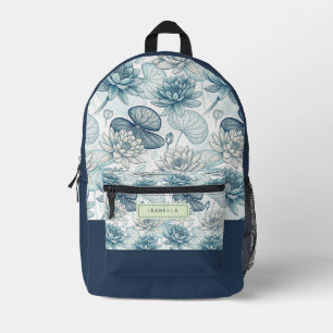 Elegant Monogram Blue Water Lily and Lotus Printed Backpack