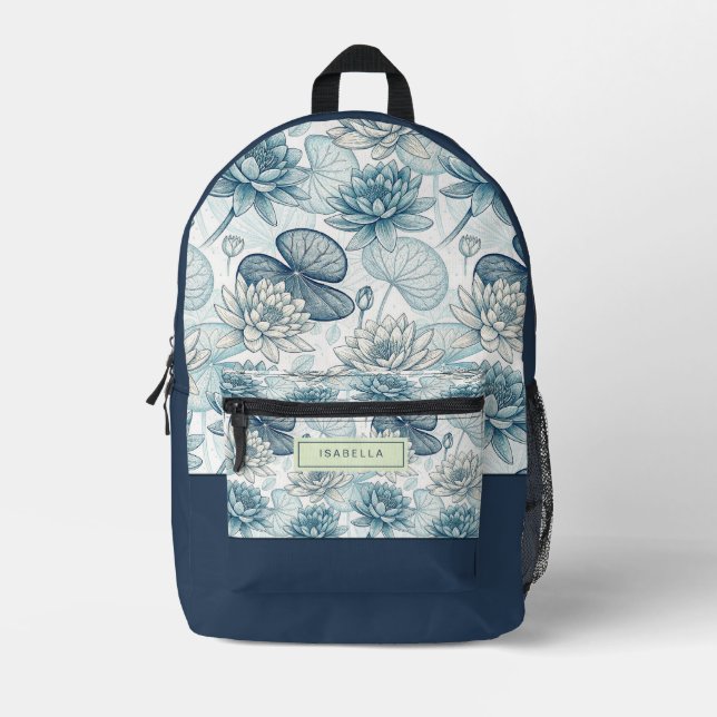 Elegant Monogram Blue Water Lily and Lotus Printed Backpack (Front)