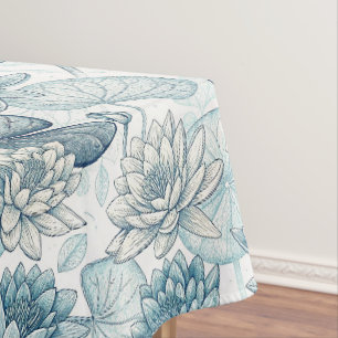Elegant Monogram Blue Water Lily and Lotus Tablecloth