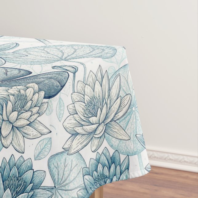 Elegant Monogram Blue Water Lily and Lotus Tablecloth (In Situ)