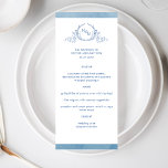 Elegant Monogram Blue Watercolor, Wedding Menu<br><div class="desc">Delight your guests with this beautiful wedding menu, featuring elegant hand drawn botanical monogram with couples initials and blue watercolor stripes on the front, while on the back, white stripes over a exquisite blue watercolor wash background. Easy to fill in template to order your prints! Monogram with initials in modern...</div>