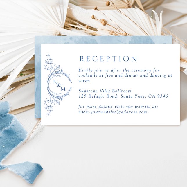 Elegant Monogram Blue Watercolor Wedding Reception Enclosure Card (Creator Uploaded)