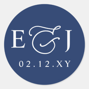 Elegant Monogram Blue Wedding Classic Round Sticker