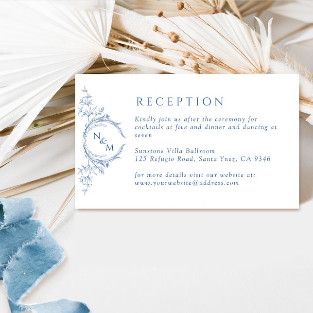 Elegant Monogram Blue Wedding Reception Enclosure Card (Creator Uploaded)