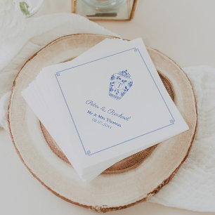 Elegant Monogram Blue White Chinoiserie Wedding  Napkin