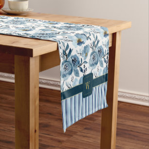 Elegant Monogram Blue White Floral Stripe Short Table Runner