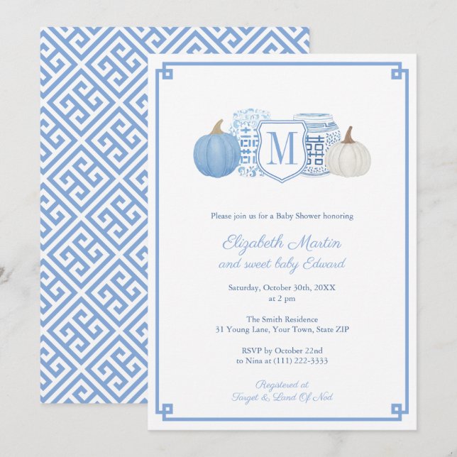 Elegant Monogram Blue & White Pumpkins Baby Shower Invitation (Front/Back)