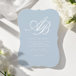 Elegant Monogram Blue White Wedding Invitation