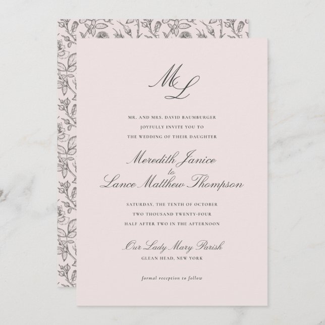 Elegant Monogram Blush Floral Script Wedding Invitation (Front/Back)