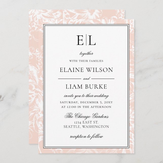 Elegant Monogram Blush Floral Wedding Invitation (Front/Back)