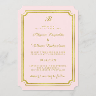 Elegant Monogram Blush Pink and Faux Gold Wedding Invitation
