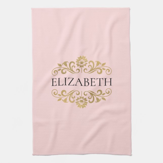 Elegant Monogram Blush Pink Gold Kitchen Towel (Vertical)