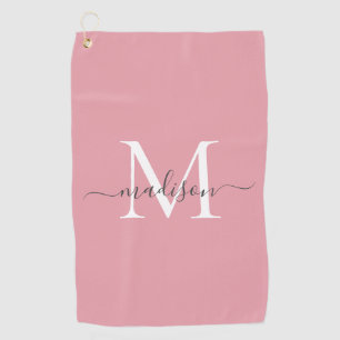 Elegant Monogram Blush Pink Grey Girly Script Name Golf Towel