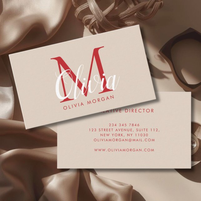 Elegant monogram blush pink red professional business card (Creator Uploaded)