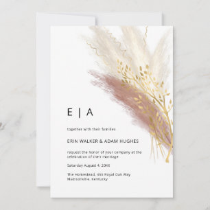 Elegant Monogram Boho Pink Gold Pampas Grass Invit Invitation