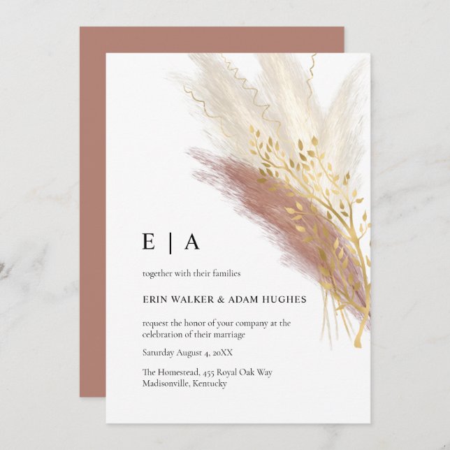 Elegant Monogram Boho Pink Gold Pampas Grass Invit Invitation (Front/Back)