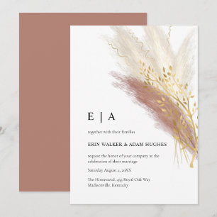 Elegant Monogram Boho Pink Gold Pampas Grass Invit Invitation