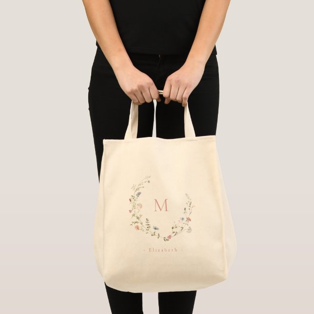 Elegant Monogram Boho Wildflower Wreath Bridesmaid Tote Bag (Front (Product))