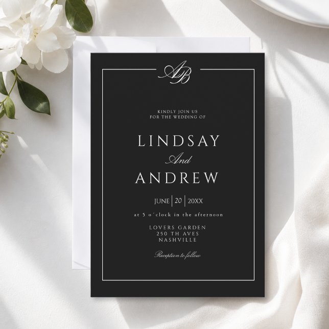Elegant Monogram Border Black White Wedding Invitation (Elegant Monogram Border Black White Wedding Invitation)