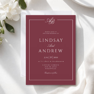 Elegant Monogram Border Burgundy White Wedding Invitation