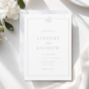 Elegant Monogram Border White Green Wedding Invitation