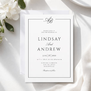 Elegant Monogram Border White Wedding Invitation