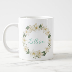 Elegant Monogram Botanical Lily Design   Large Coffee Mug