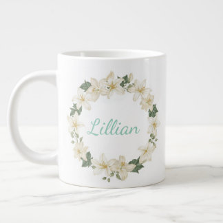 Elegant Monogram Botanical Lily Design Large Coffee Mug