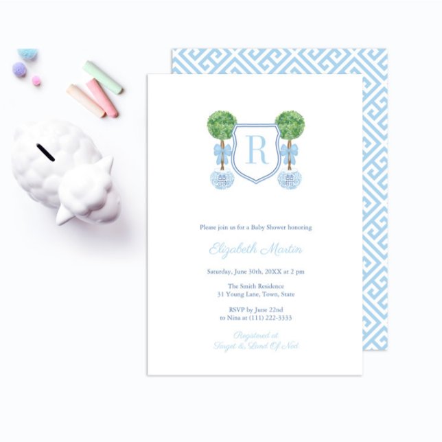 Elegant Monogram Boxwood Boy Baby Shower Party Invitation (Creator Uploaded)