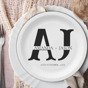 Elegant Monogram Bride Groom Names Wedding Party Paper Plate