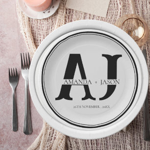 Elegant Monogram Bride Groom Names Wedding Party Paper Plate