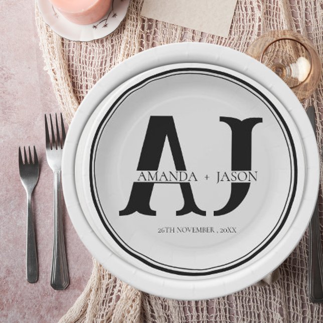 Elegant Monogram Bride Groom Names Wedding Party Paper Plate (Elegant Monogram Bride Groom Names Wedding Party Paper Plates)