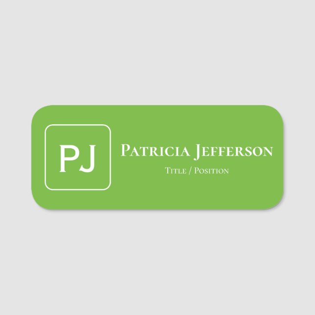 Elegant Monogram Bright Apple Green: Professional Name Tag (Front)