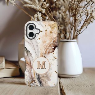 Elegant Monogram Brown Gold Marble Abstract Design iPhone 15 Case
