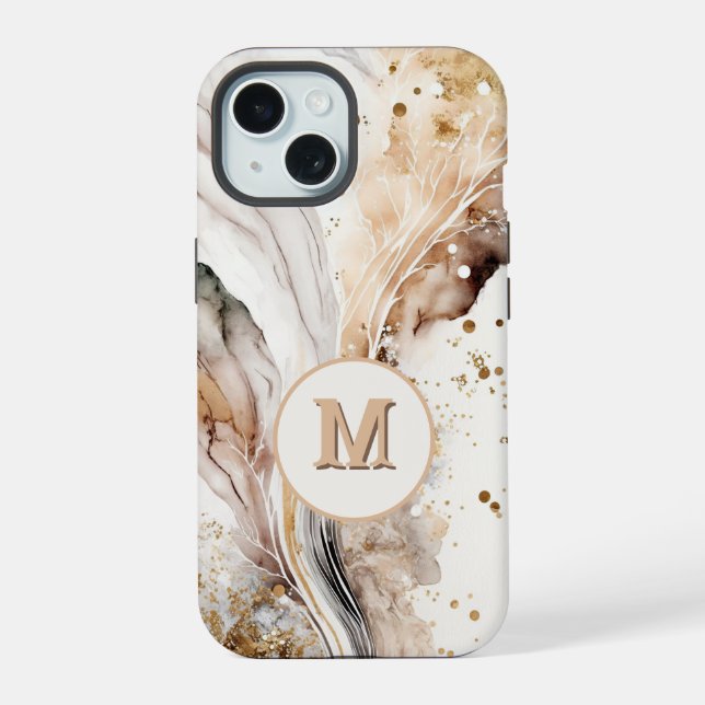 Elegant Monogram Brown Gold Marble Abstract Design iPhone 15 Case (Back)