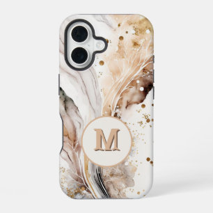 Elegant Monogram Brown Gold Marble Abstract Design iPhone 16 Case