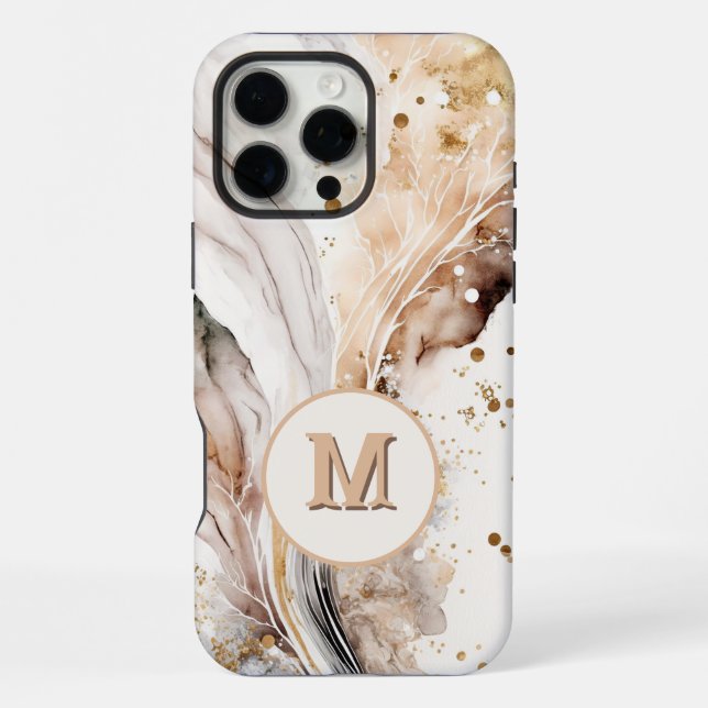 Elegant Monogram Brown Gold Marble Abstract Design iPhone Case (Back)