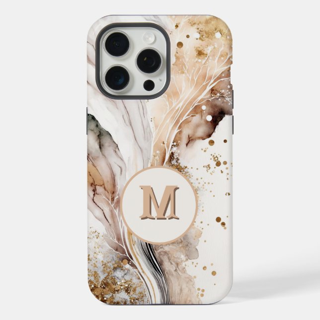 Elegant Monogram Brown Gold Marble Abstract Design iPhone Case (Back)