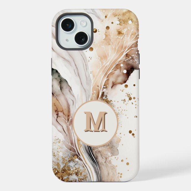 Elegant Monogram Brown Gold Marble Abstract Design iPhone Case (Back)