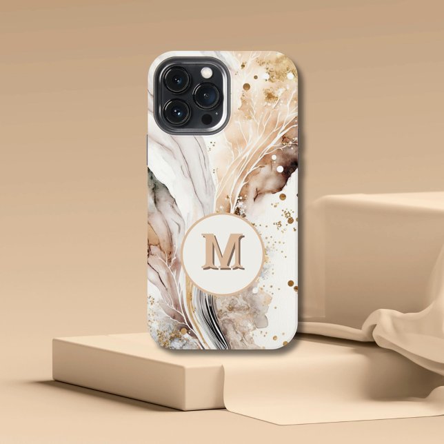 Elegant Monogram Brown Gold Marble Abstract Design iPhone Case (Creator Uploaded)